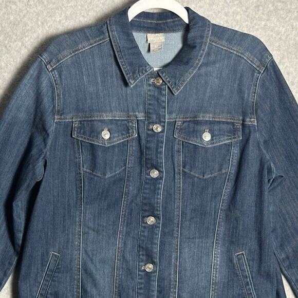 Chicos Sz 2P, 12 Elongated Denim Jacket Stretchy Comfy Utility Chore Lagenlook - Picture 8 of 12